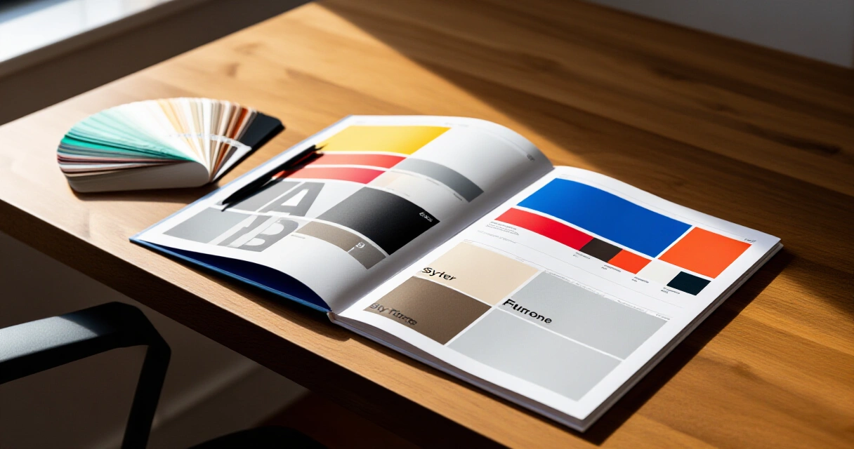 Avoin graafinen ohjeisto pöydällä värimallinäytteiden ja Pantone-vihkon vieressä